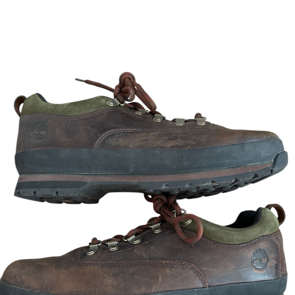 Timberland Brown Leather Hiking Shoes with Olive Collar and Purple Insoles